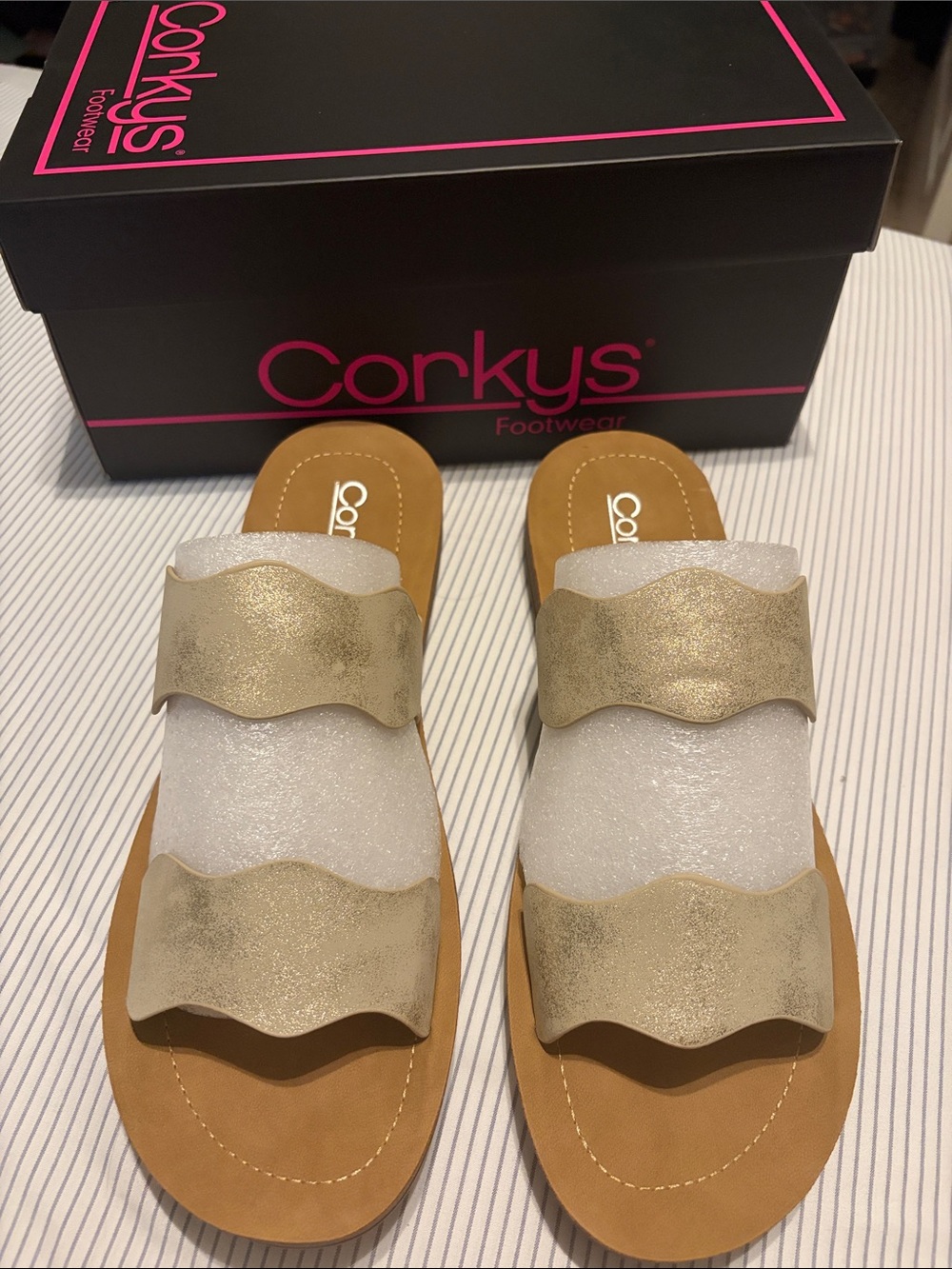 Corkys Women's Gold Two-Band Wave Slide Sandals